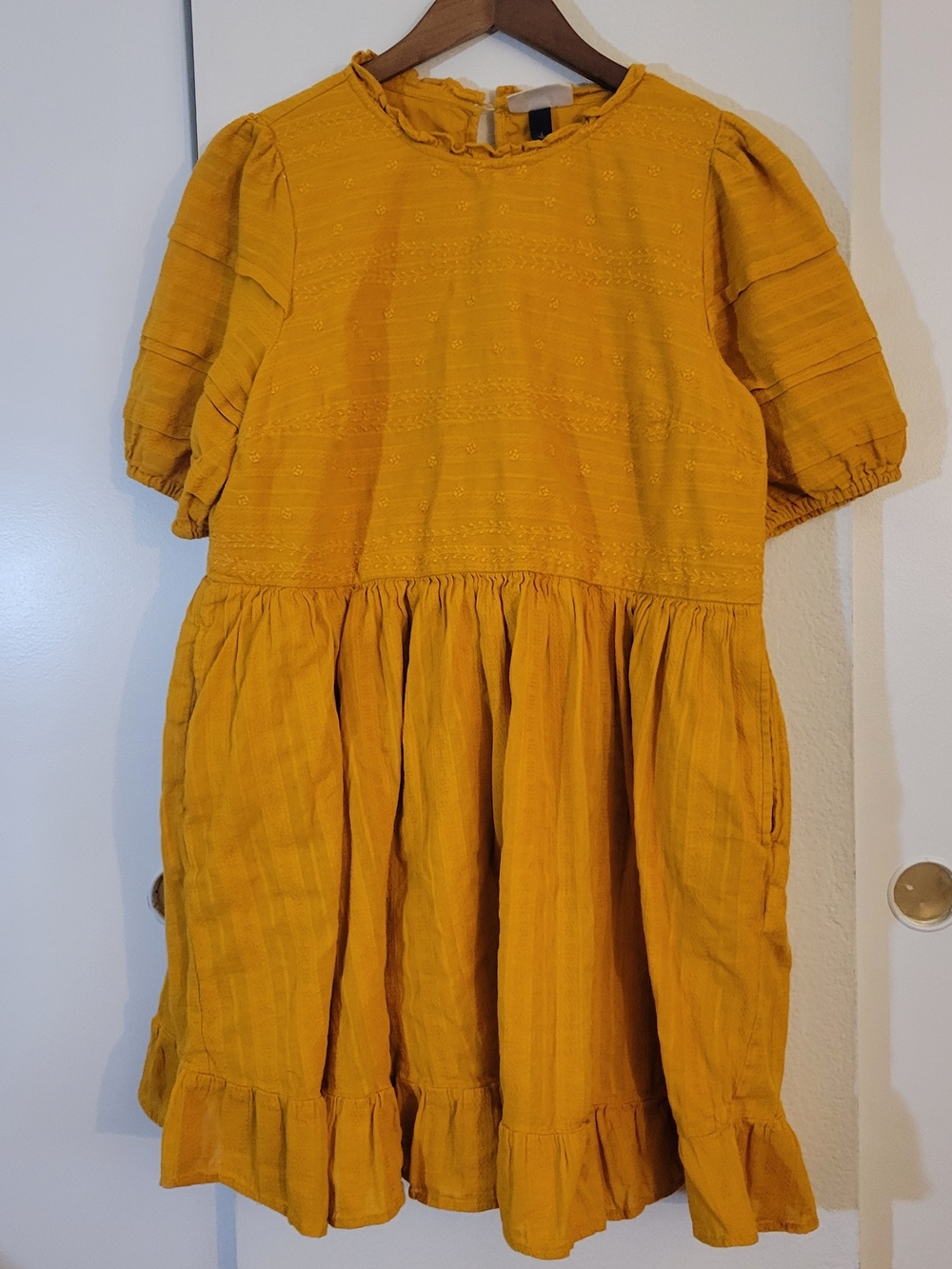 Universal Thread  Mustard Yellow Ruffle-Skirt Puff Sleeve Dress 100 % Cotton
